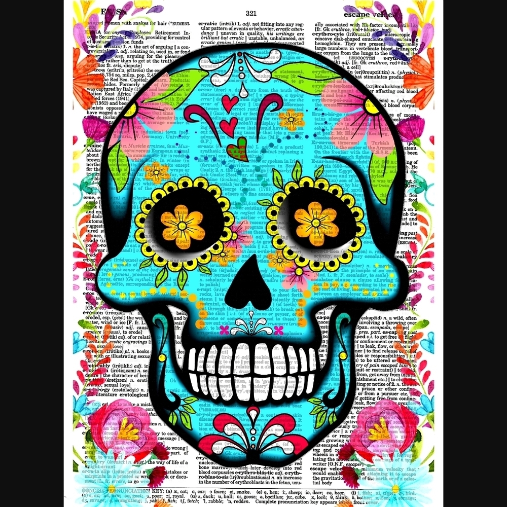 Blue Sugar Skull Vintage Dictionary Art Print